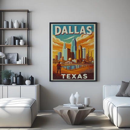 Vintage travel poster of the Dallas skyline and a person standing in the foreground.