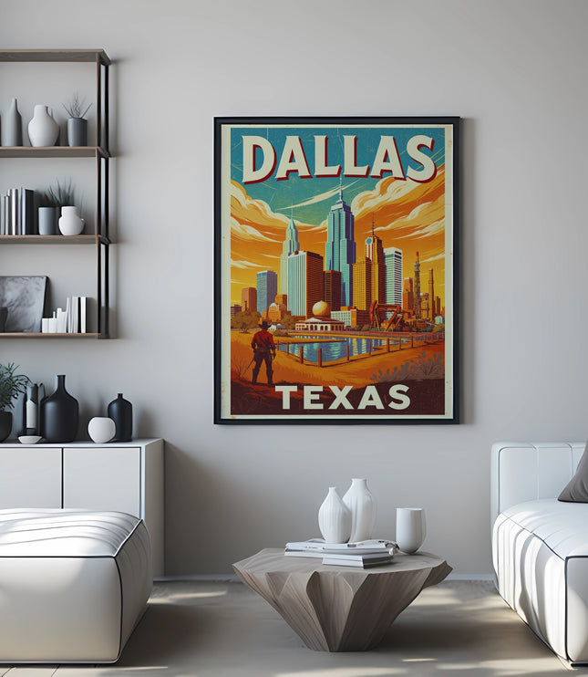 Vintage travel poster of the Dallas skyline and a person standing in the foreground.