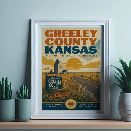 Greeley County Kansas poster with wheat field and welcome sign.