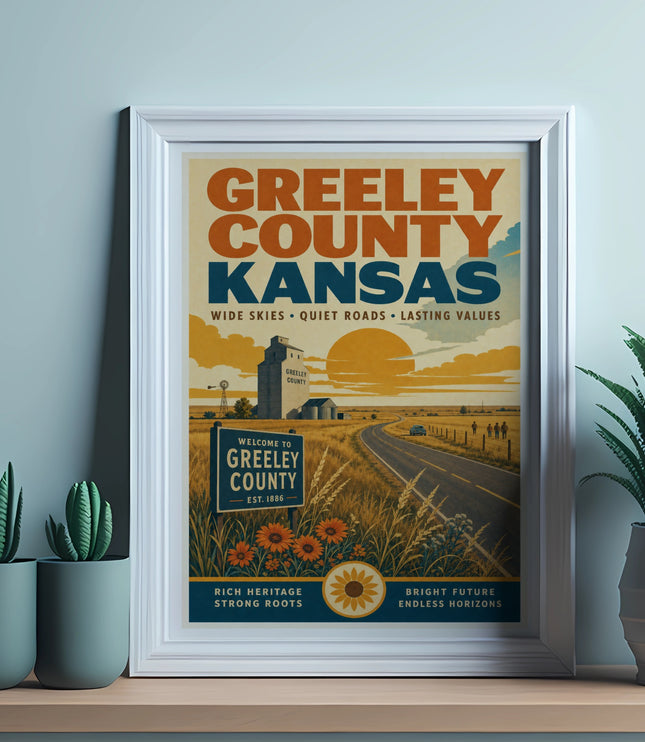 Greeley County Kansas poster with wheat field and welcome sign.