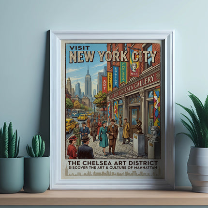 Vintage "Visit New York City" poster for The Chelsea Art District, featuring a street scene.