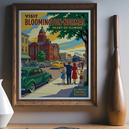 Vintage travel poster for Bloomington-Normal, Illinois, featuring a train and people.
