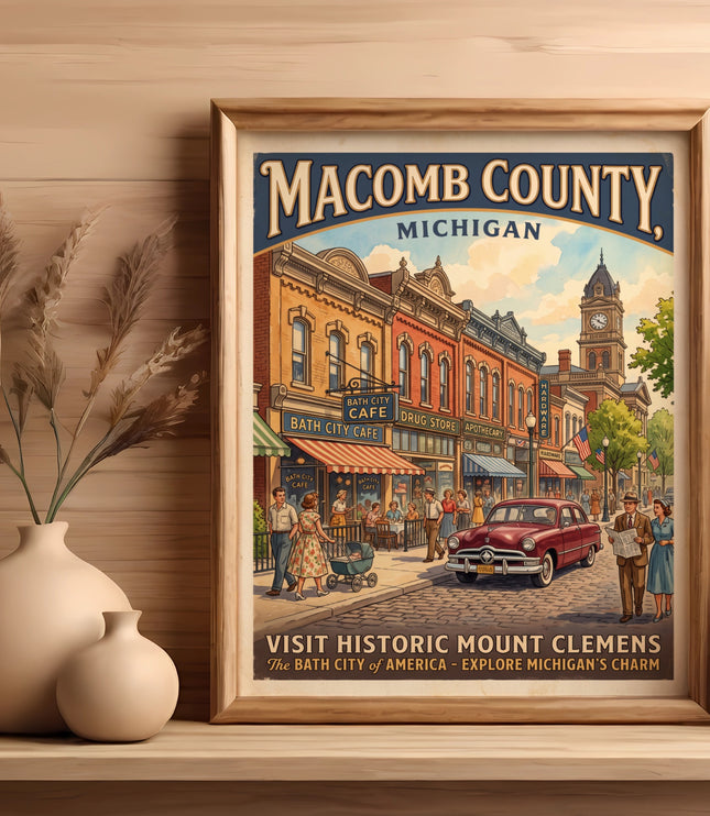 Vintage poster of Macomb County, Michigan, featuring Mount Clemens historic street scene.