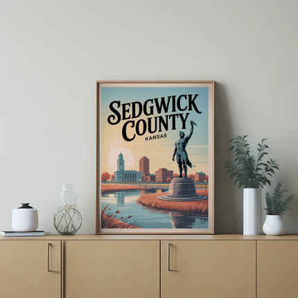 Sedgwick County Kansas skyline with monument and rural scenery.