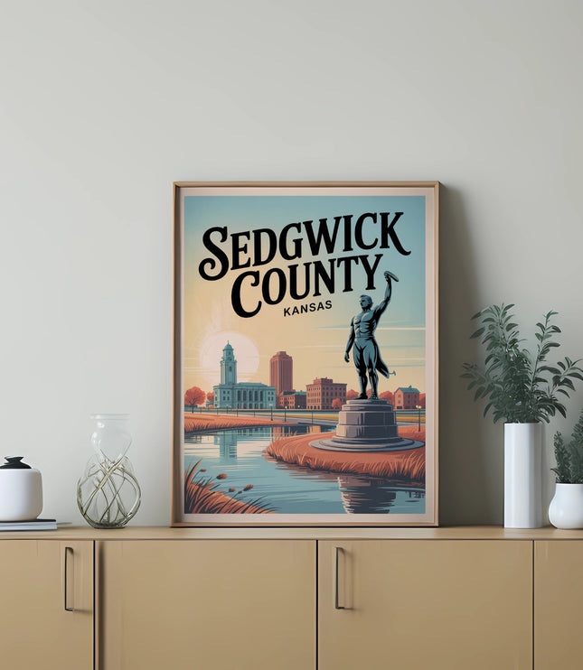 Sedgwick County Kansas skyline with monument and rural scenery.