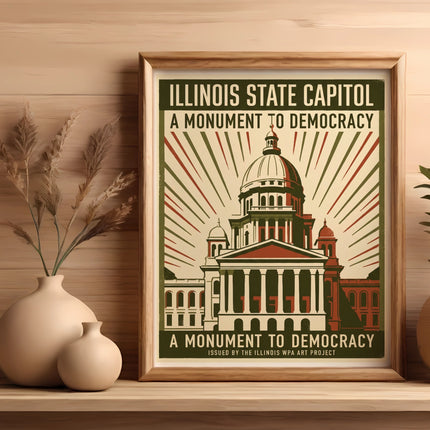 Illinois State Capitol poster with text about democracy, flanked by plants.
