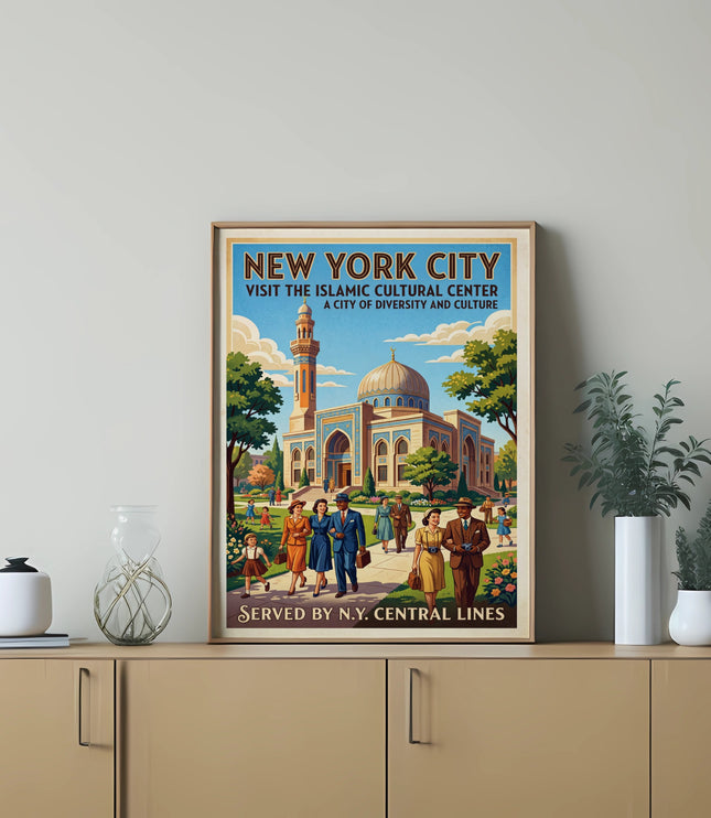 New York City poster showing people visiting an Islamic Cultural Center. Served by N.Y. Central Lines.