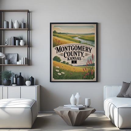 Montgomery County, Kansas poster with rolling hills, river, and wildflowers.