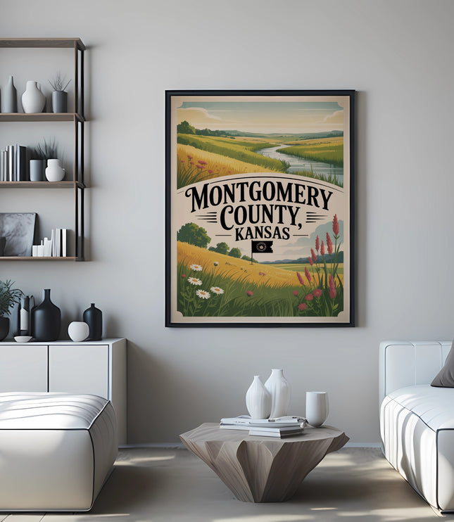 Montgomery County, Kansas poster with rolling hills, river, and wildflowers.
