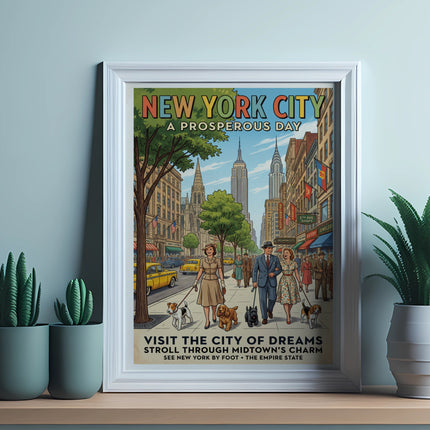 Vintage New York City poster showing people walking dogs in Midtown with Empire State Building.