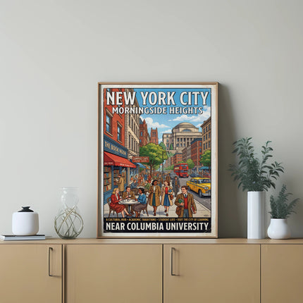 New York City Morningside Heights vintage travel poster near Columbia University.