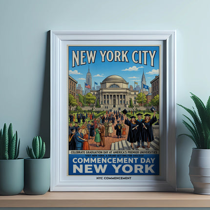 New York City vintage poster with graduation scene and text.