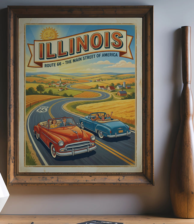 Vintage "Illinois Route 66" art with vintage cars driving through farmland.