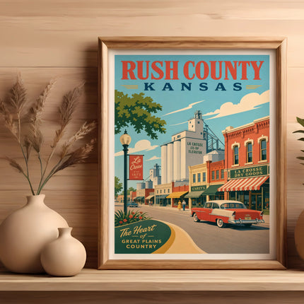Retro poster art of La Crosse, Rush County, Kansas with vintage cars and buildings.