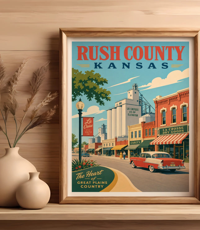 Retro poster art of La Crosse, Rush County, Kansas with vintage cars and buildings.