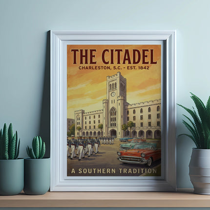 The Citadel Charleston SC Est 1842 poster with cadets and classic cars.