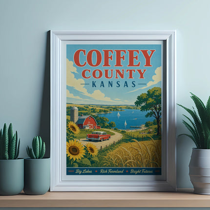 Coffey County Kansas retro travel poster with lake, farm, and sunflowers.