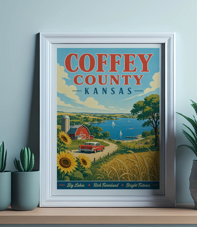 Coffey County Kansas retro travel poster with lake, farm, and sunflowers.