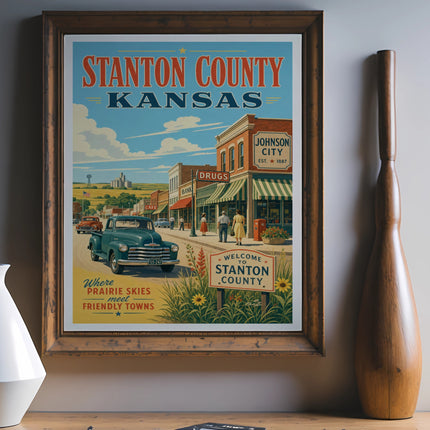 Vintage travel poster for Stanton County, Kansas, featuring Johnson City.