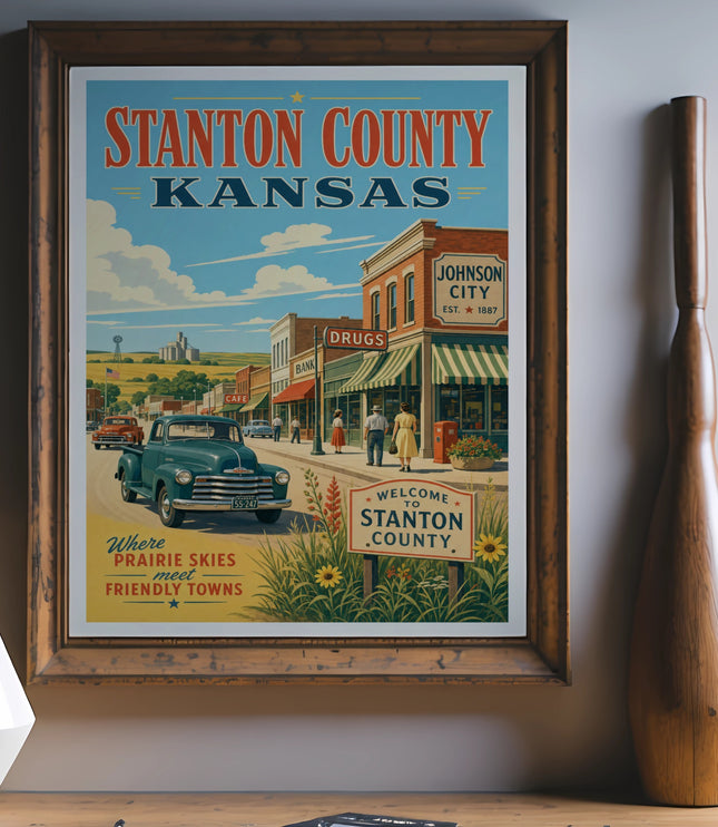 Vintage travel poster for Stanton County, Kansas, featuring Johnson City.