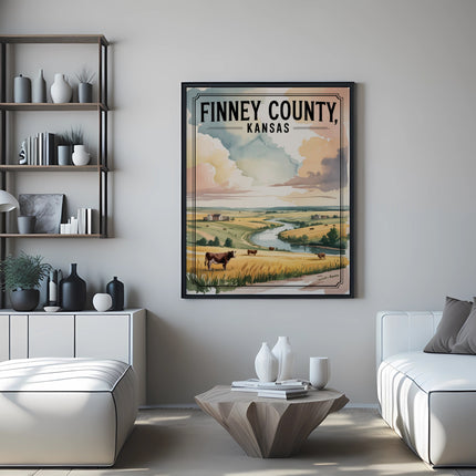 Framed "Finney County, Kansas" landscape art with cows and river in a living room.