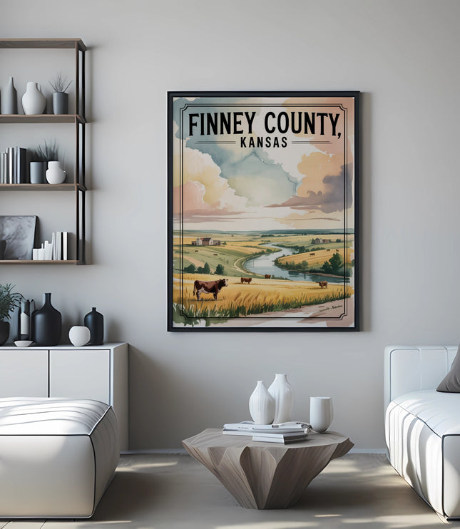 Framed "Finney County, Kansas" landscape art with cows and river in a living room.