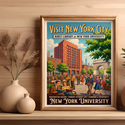 Visit New York City: Bobst Library at NYU, Washington Square, vintage poster art.