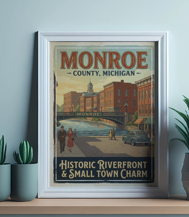 Monroe County, Michigan vintage poster showing historic riverfront and small town charm.