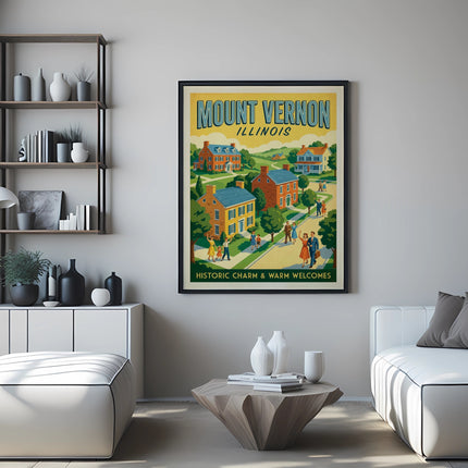Framed "Mount Vernon Illinois Historic Charm & Warm Welcome" poster above a modern sofa.