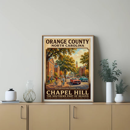 Poster of Chapel Hill, North Carolina, showing historic buildings and people cycling.