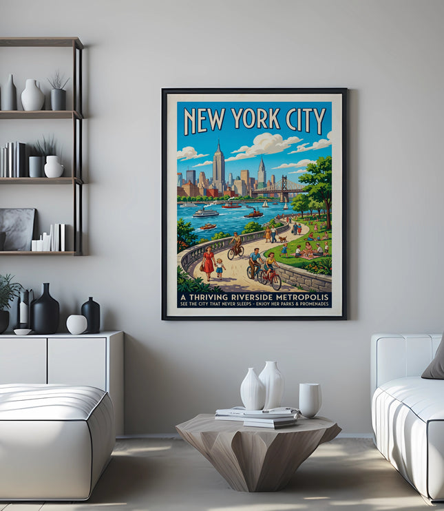 New York City vintage travel poster featuring skyline, river, and people enjoying parks.