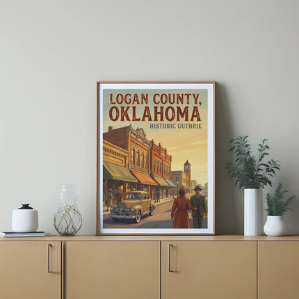 Poster of Logan County, Oklahoma historic Guthrie depicted with vintage cars and buildings.