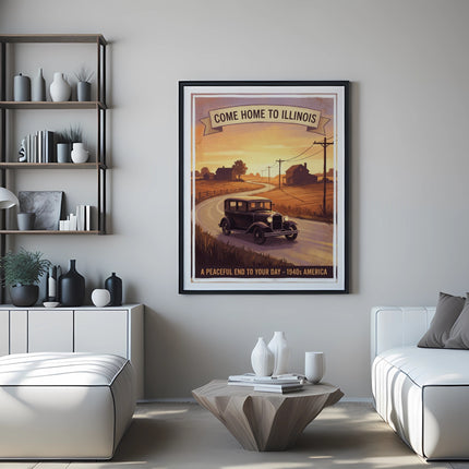 Vintage "Come Home to Illinois" poster featuring a classic car on a road.