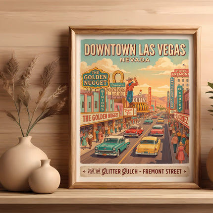 Downtown Las Vegas Nevada poster with vintage cars and casinos on Fremont Street.