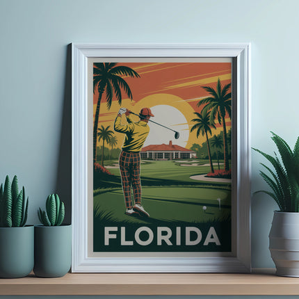 Golfer swings club on Florida course with palm trees and sunset.