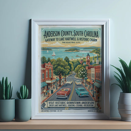 An Anderson County, South Carolina vintage travel poster showing downtown and Lake Hartwell.
