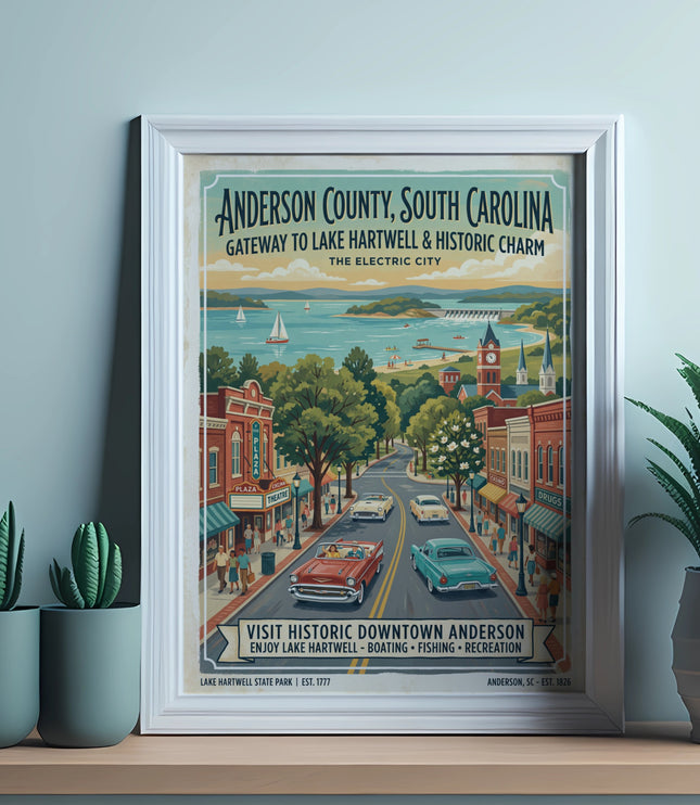 An Anderson County, South Carolina vintage travel poster showing downtown and Lake Hartwell.