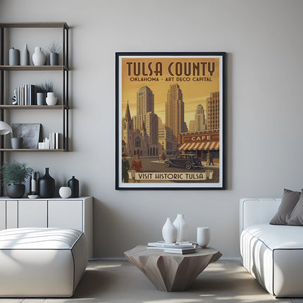 Vintage framed poster of Tulsa County, Oklahoma, featuring art deco buildings and text.