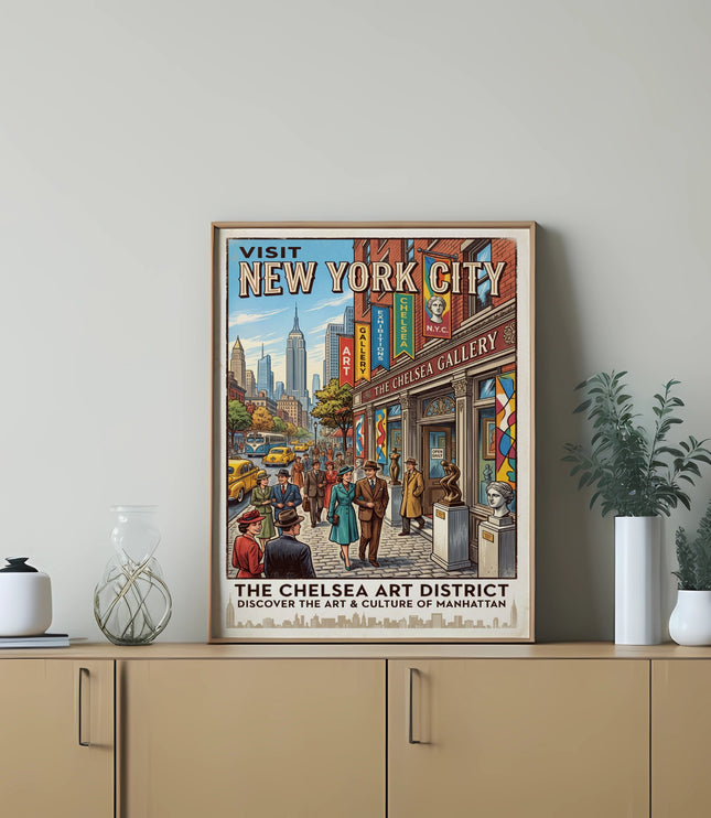 Vintage travel poster of New York City's Chelsea Art District.