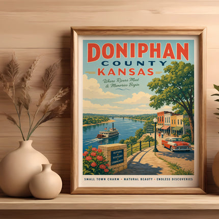 Doniphan County, Kansas vintage travel poster with classic car.