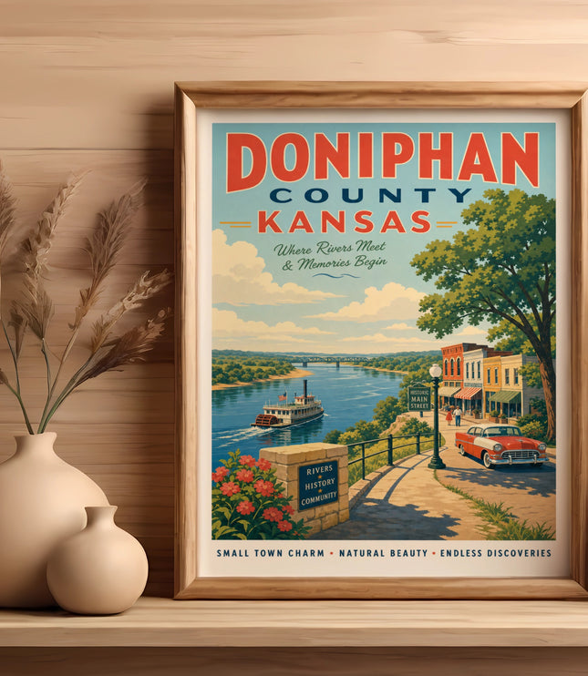 Doniphan County, Kansas vintage travel poster with classic car.
