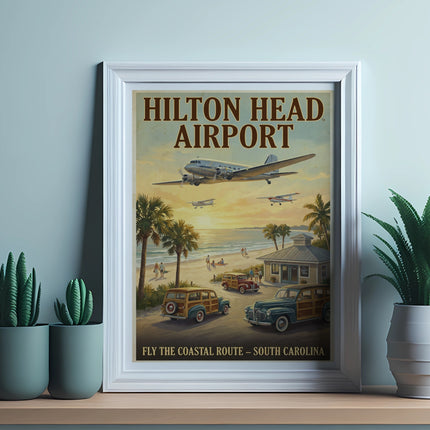 Hilton Head Airport poster with vintage planes, woodie cars, and a beach scene.