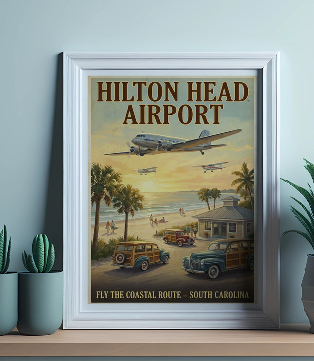 Hilton Head Airport poster with vintage planes, woodie cars, and a beach scene.
