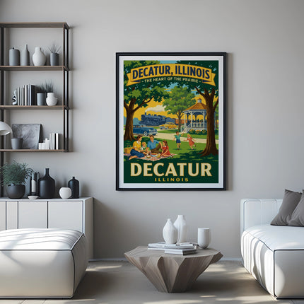 Vintage poster for Decatur, Illinois featuring a park scene with people.