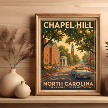 Chapel Hill, North Carolina vintage travel poster with a convertible car.