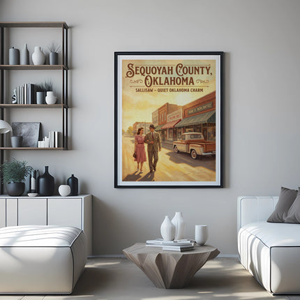 Framed poster "Sequoyah County, Oklahoma" with a couple walking past Main Street businesses.