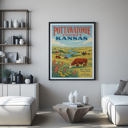 Pottawatomie County Kansas travel poster with cows and flowers.