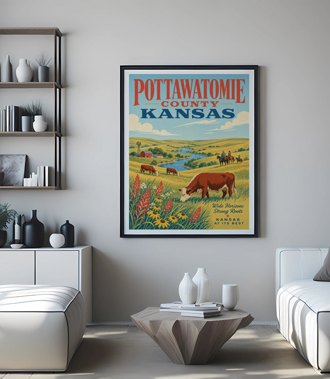 Pottawatomie County Kansas travel poster with cows and flowers.