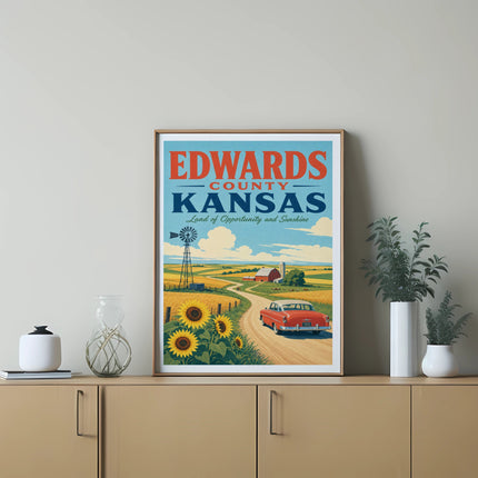 Vintage Edwards County, Kansas travel poster with red car and sunflowers.