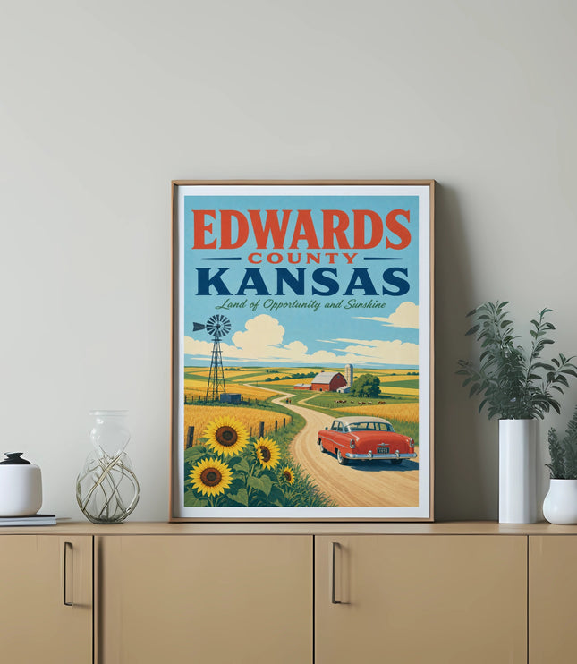 Vintage Edwards County, Kansas travel poster with red car and sunflowers.